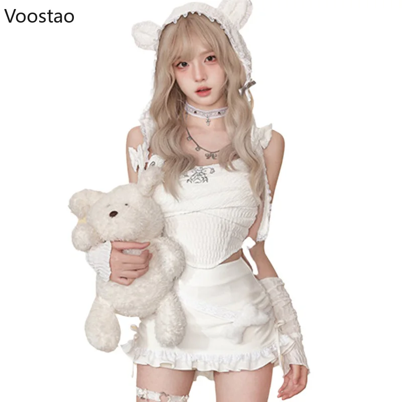 Y2k Aesthetic White 4 Piece Sets Women Gothic Print Vest Tops Bear Ear Hat Oversleeve Mini Skirts Female Korean Fashion Outfits