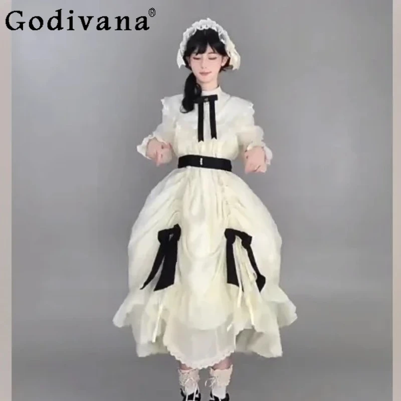 

Spring Autumn Japanese Lolita Court Heavy Industry Loose Long Sleeve Fairy Dress Versatile Age-reducing High Waist Bow Dresses