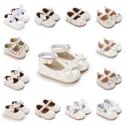 Newborn Bow Princess Shoes Soft Leather Anti Slip Rubber Sole Baby Walking Shoes White Girls Outdoor Small Leather Shoes