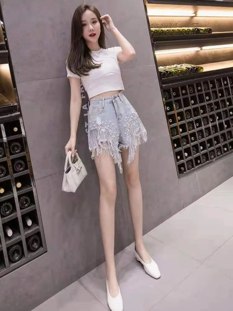 

Стильные женские джинсовые шорты с высокой талией, украшенные кристаллами и бахромой, ручная работа, летняя мода 2026