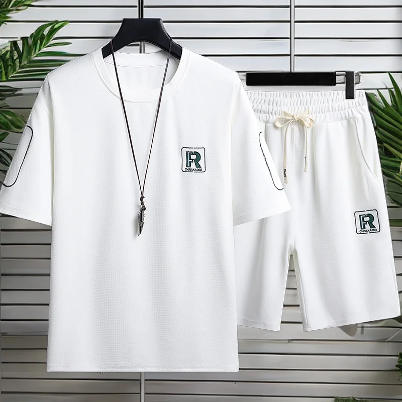 GELITAYIN Summer Suit For Men Embroidered Letters Printed Sports Outdoor Breathable Mesh Sets Lightweight Shorts Set Streetwear