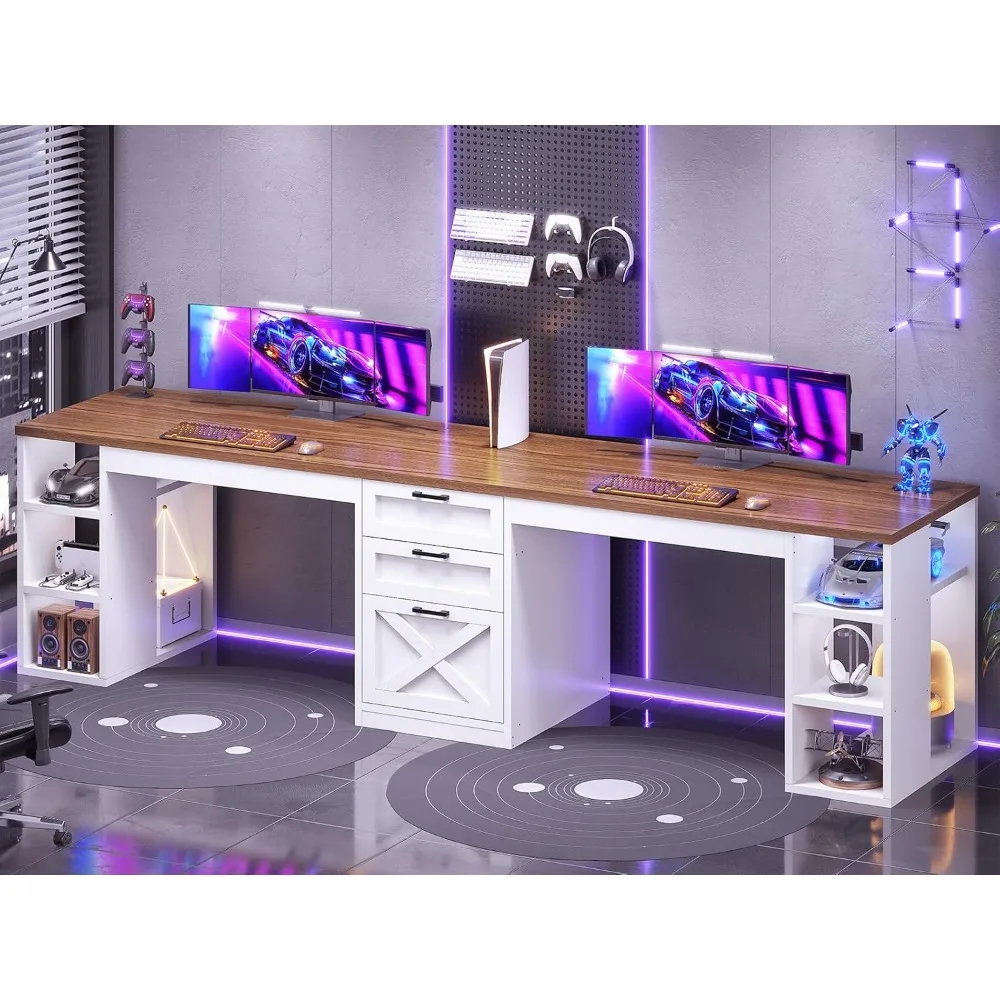 -For 96.5 Computer Desk with Drawers, 2 Person Home Office Desk, Gaming Double Desk with Storage Shelves, Long Two Person&
