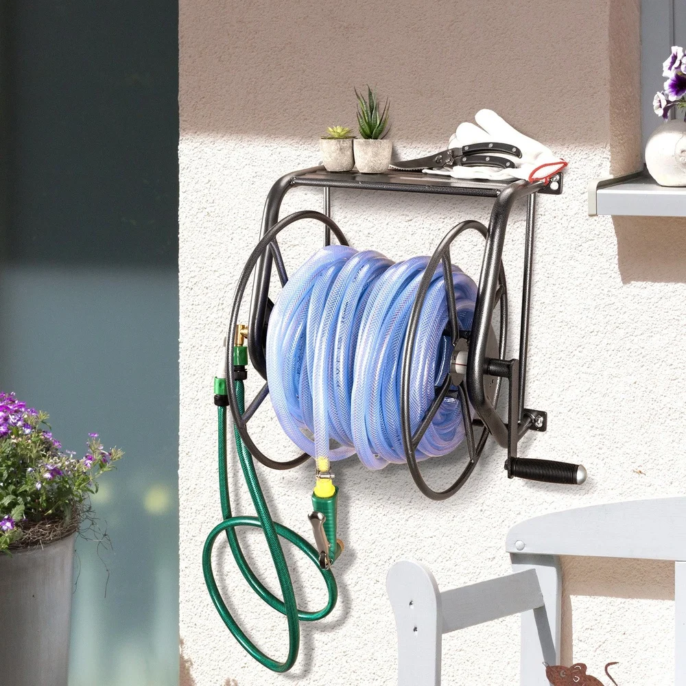 금속 벽걸이 호스 릴 200피트 용량 내구성 있는 구조 간편 설치 자외선 차단 정원 호스 정리대