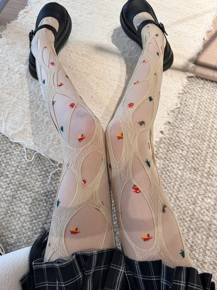 Chic Japanese Style Christmas Tree Tights Pantyhose Women Cute Stylish Thin See Through Bottoming Stockings Ins Female Trendy