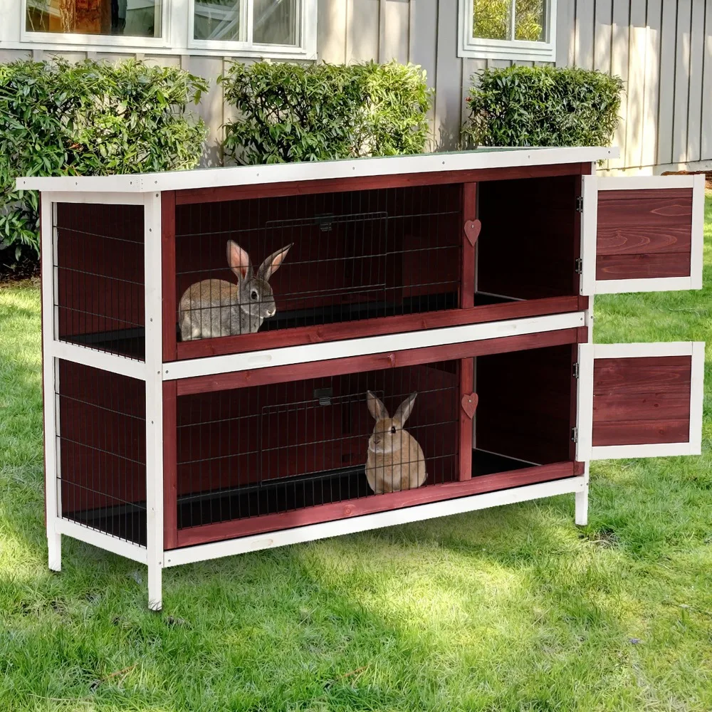 

54" 2 Story Large Elevated Wooden Rabbit Hutch Yard Bunny Cage