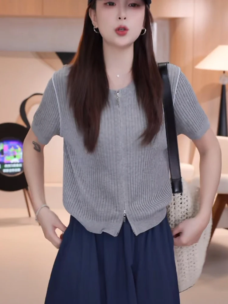 

Шикарный круглый трикотажный кардиган Ne Ice Silk ort Sve с двойной молнией, корейский модный летний простой трикотаж