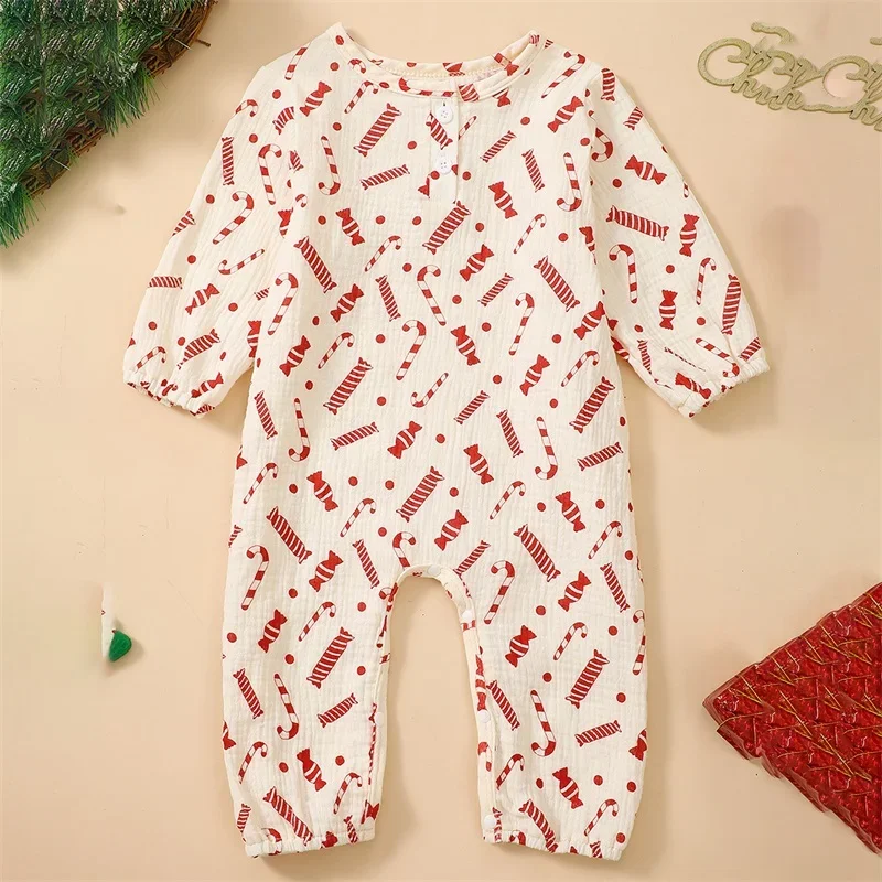 Baby Christmas Jumpsuit Long Sleeve Candy Cane Print Romper Outfit Newborn Xmas Clothes