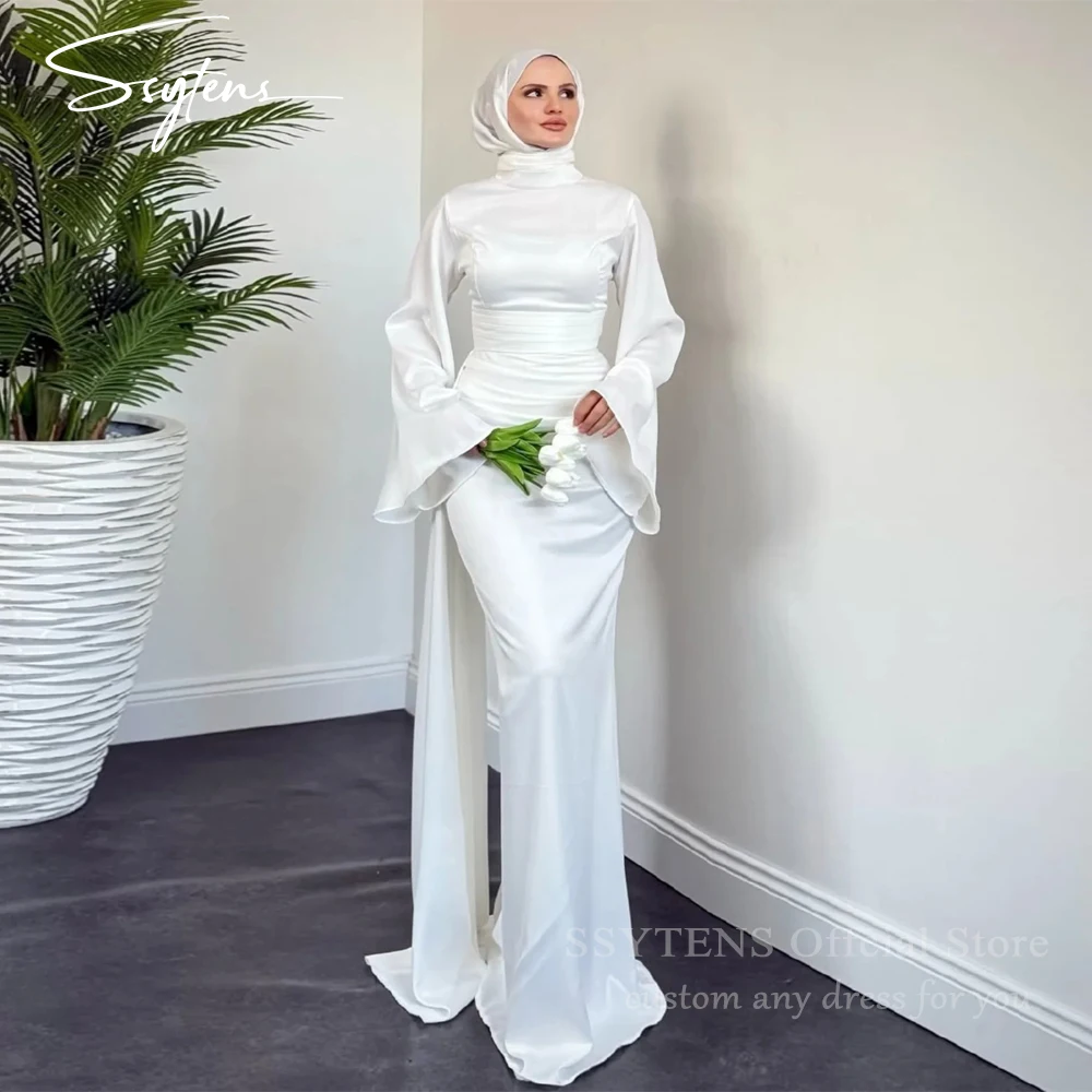 

SSYTENS Muslim Mermaid Wedding Dresses Dubai Long Sleeves Bride Gowns Pleat Satin High Neck Elegant Vestidos De Novia Customized