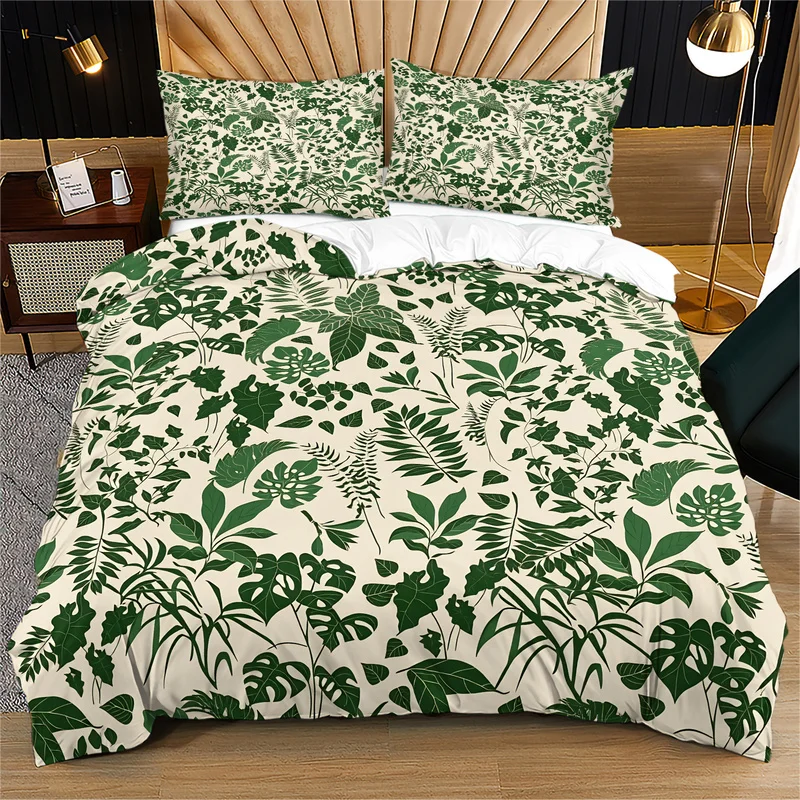 2/3Pcs Polyester Duvet Cover Set,Ultra-Soft,Breathable,Skin-Friendly,Durable,Green Tropical Leaves and Ferns on Cream Background