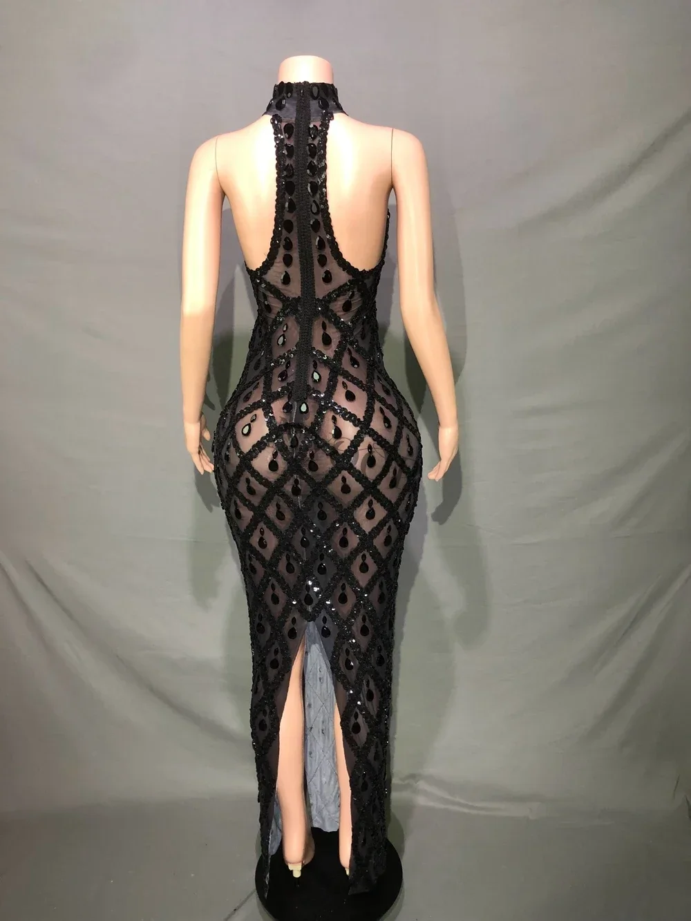 Sparkly Black Rhinestones Sleeveless Long Dress Sexy Mesh Celebrate Evening Wedding Prom Birthday Dress Photo Shoot Show Wear