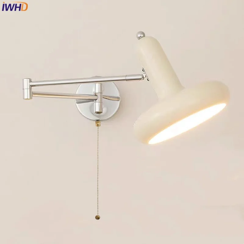 

IWHD Nordic LED Wall Lamp Sconce Indoor Restaurant Bedroom Porch Iron Pull Chain Switch Stair Light Fixture Rotatable Lampara