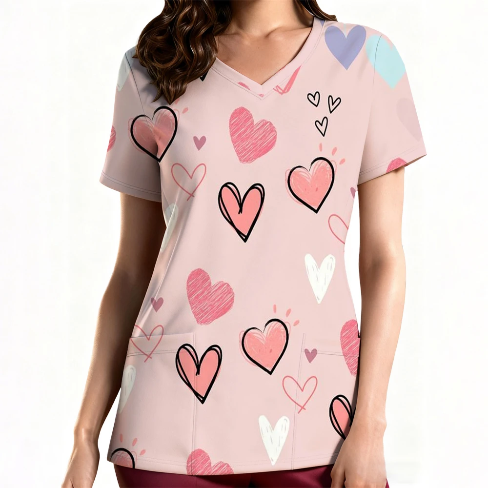 여성용 클리닉 유니폼 우아한 하트 프린트 헬스케어 스크럽 유니폼 트렌드 V넥 반팔 치과 간호 유니폼