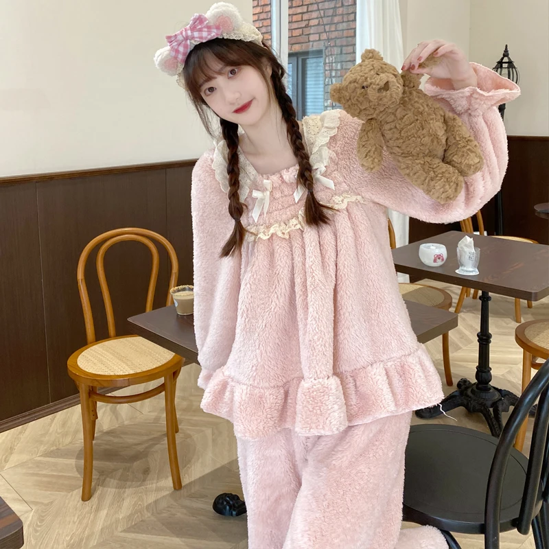 

Winter Thiened Coral Fce Nightgown Women's Lace Long Sve Plu Spwear Home Clothes Sweet Cute Sle Home Outfit