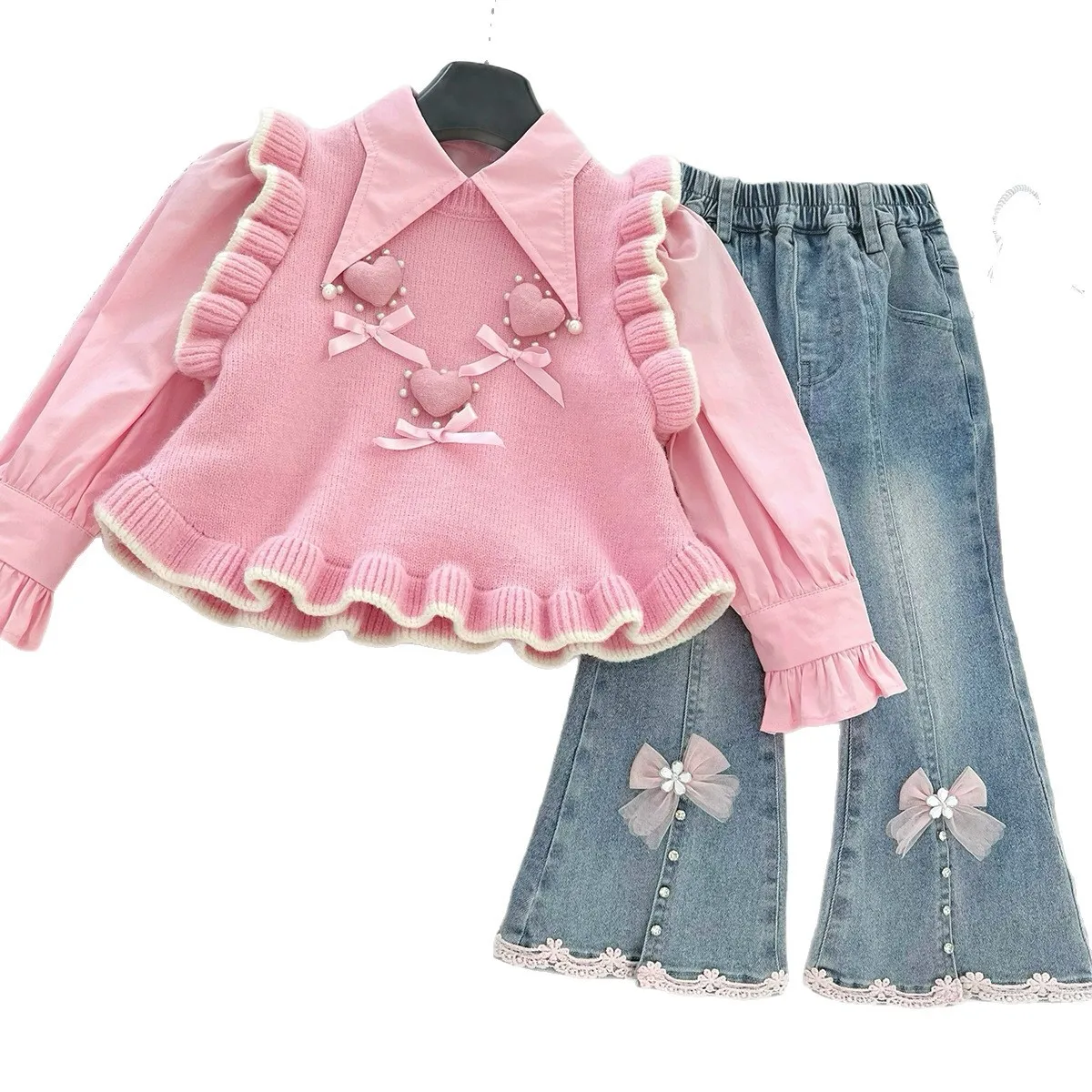 2025 الفتيات الخريف متماسكة مجموعة الوردي القلب سترة قميص الجينز 3 قطعة الزي الموضة 90-50 سنتيمتر