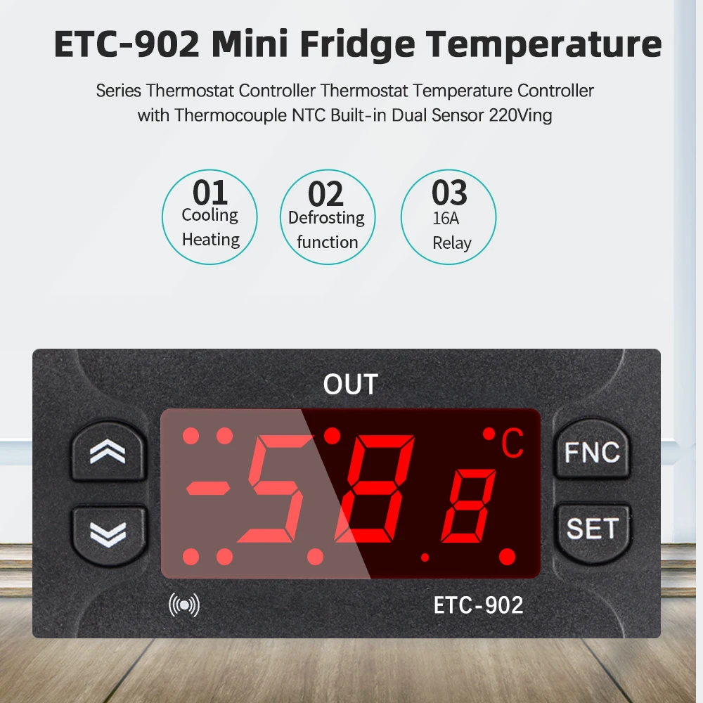 ETC-902 12-24V 110V 220V 디지털 온도 컨트롤러 LED 디스플레이 온도 조절기 (냉/난방 제어 기기 포함) NTC 센서