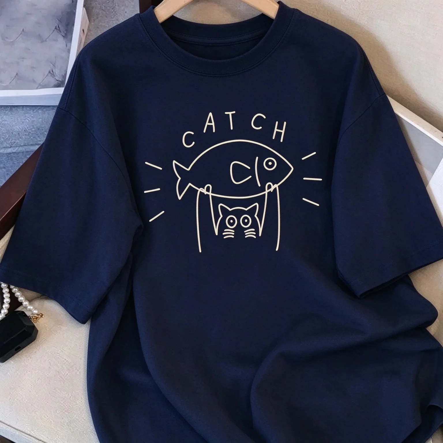 Hot Unisex Cute Cat Fish Line Graphic T-shirt Simple Catch Letter Print Short Sleeve Cotton Casual Oversized Streetwear Tee Tops