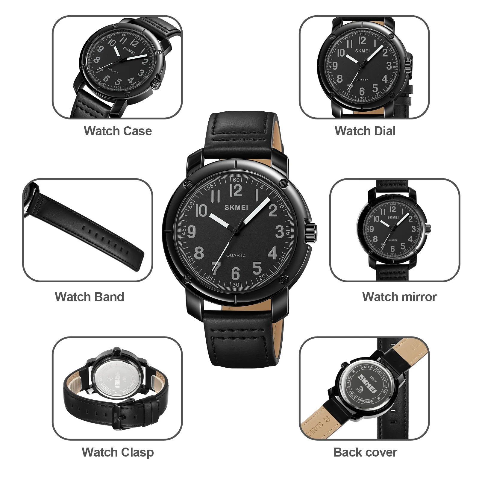 SKMEI Fashion Men's Watch Texture Case Black Style Workplace Business Waterproof Trend Personality Men's Quartz Watch 1987