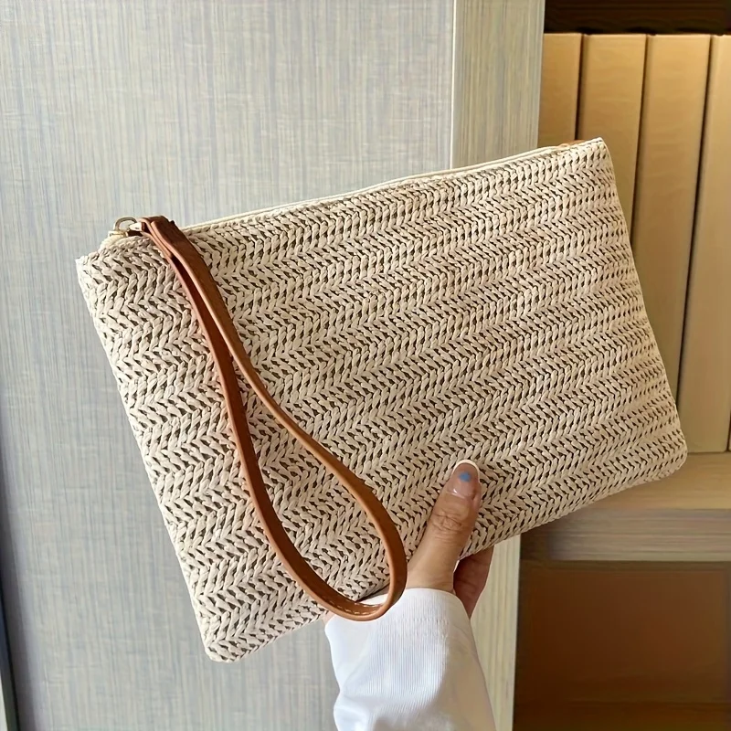Pochette tissée en paille naturelle pour femmes, portefeuille avec fermeture à glissière, parfaite pour les fêtes, les festivals, les cadeaux, l'utilisation quotidienne