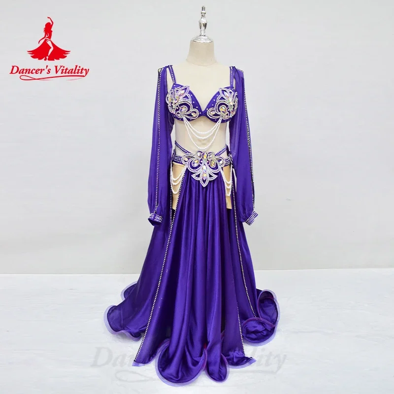 Belly Dance Performance Costume Set for Women Customsized Satin Long Sleeves+bra +long Skirt 3pcs Adult Chidlren Oriental Outfit