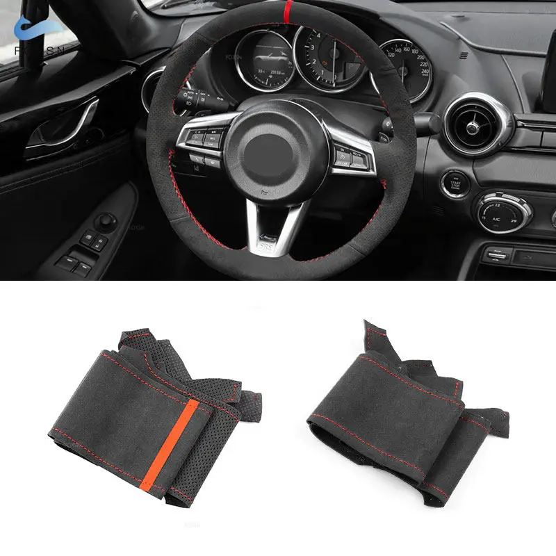 Car Interior Steering Wheel Cover Suede Perforated Leather Trim For Mazda MX-5 MX5 2016 2017 2018 2019 2020 with Needles Lines