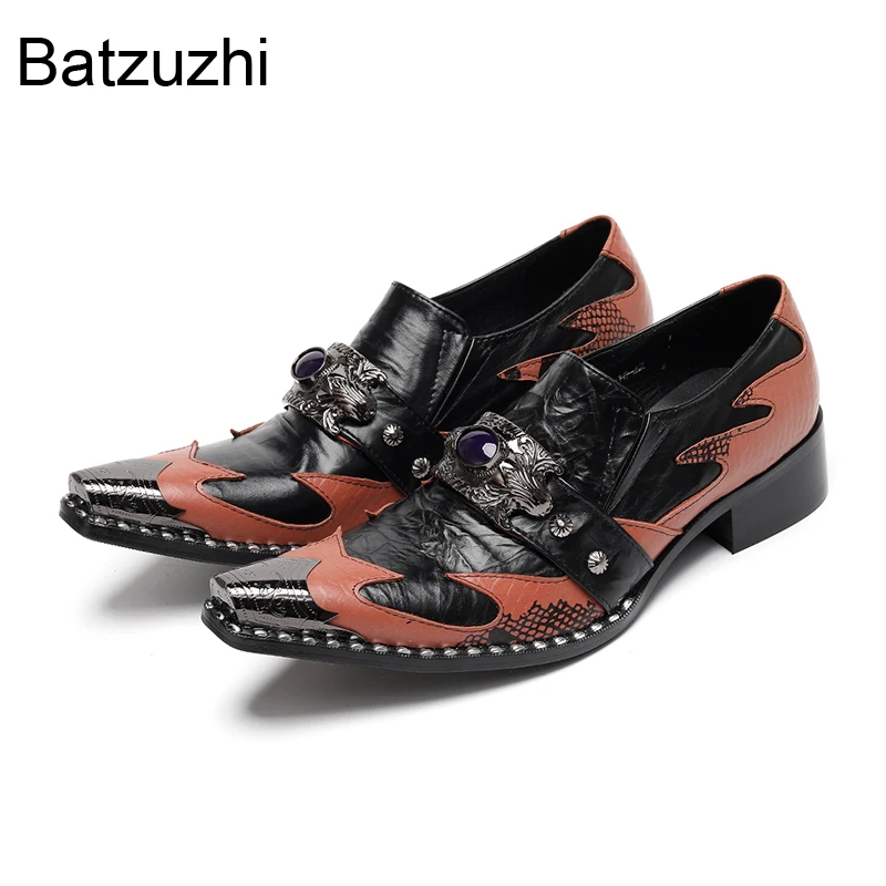 

Batzuzhi Black Brown Men's Shoes Pointed Iron Toe Fashion Leather Dress Shoes Man Slip on Flats Oxfords Business, Party Footwear