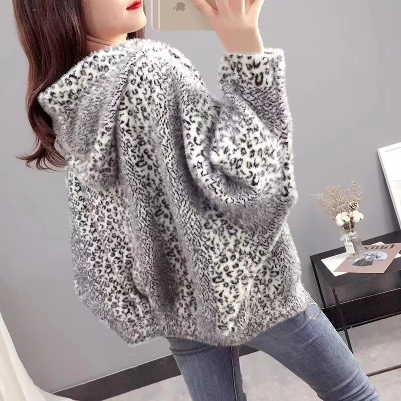 Imitation Mink Hair Autumn Winter Women\'s Coat Leopard Print Knitting Cardigan Hooded Short Loose Add Thick Female Outerwear