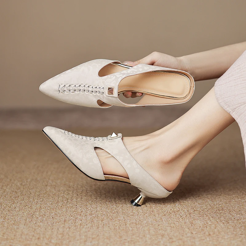 2026 new summer women sandals natural leather 22-25cm cowhide+sheepskin pointed toe hollow-out mules high heel women slippers