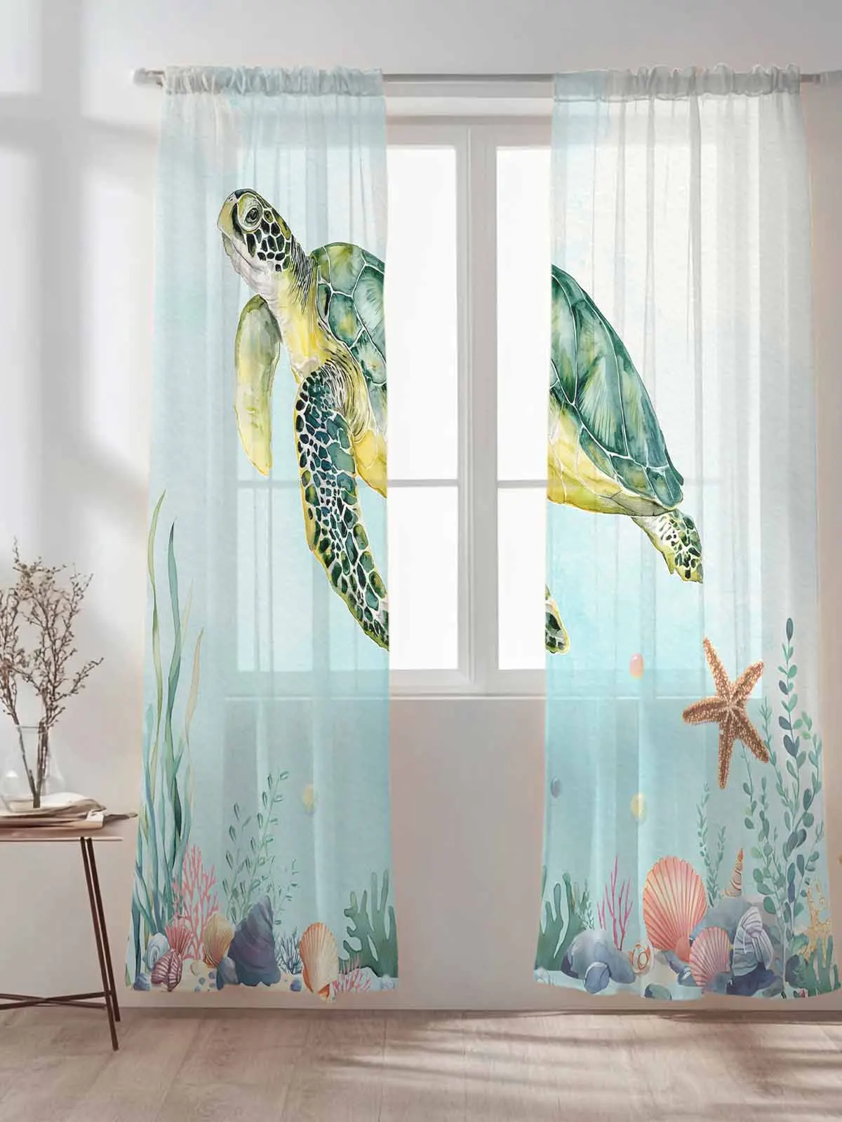 

Sea Green Turtle Teal Marine Life Tulle Sheer Curtains for Living Room Bedroom Kitchen Decoration Voile Organza Curtains