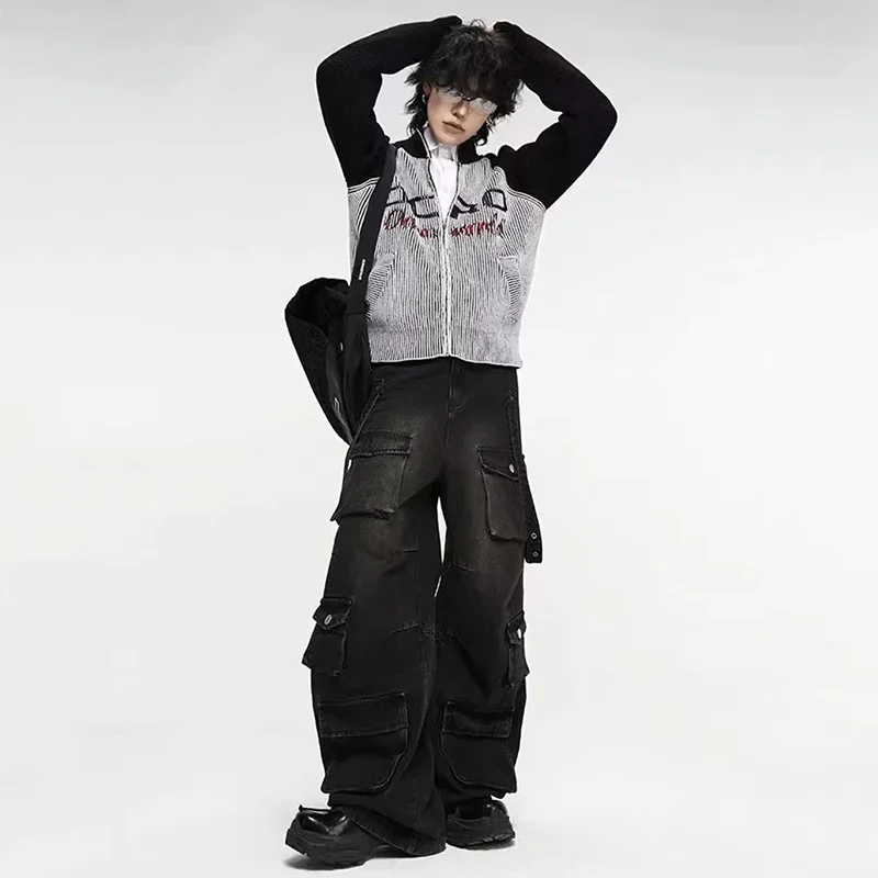 الخريف Y2K شارع العليا الجينز رجالي متعدد جيب الهيب هوب البضائع السراويل خمر مستقيم واسعة الساق سراويل جينز موضة الشارع الشهير
