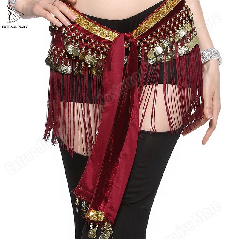 Kobiety pas taniec brzucha Wrap monety Tribal ubrania Gypsy chusta na biodra Tassel kostium akcesoria łańcuch talii szalik z frędzlami 4 kolory