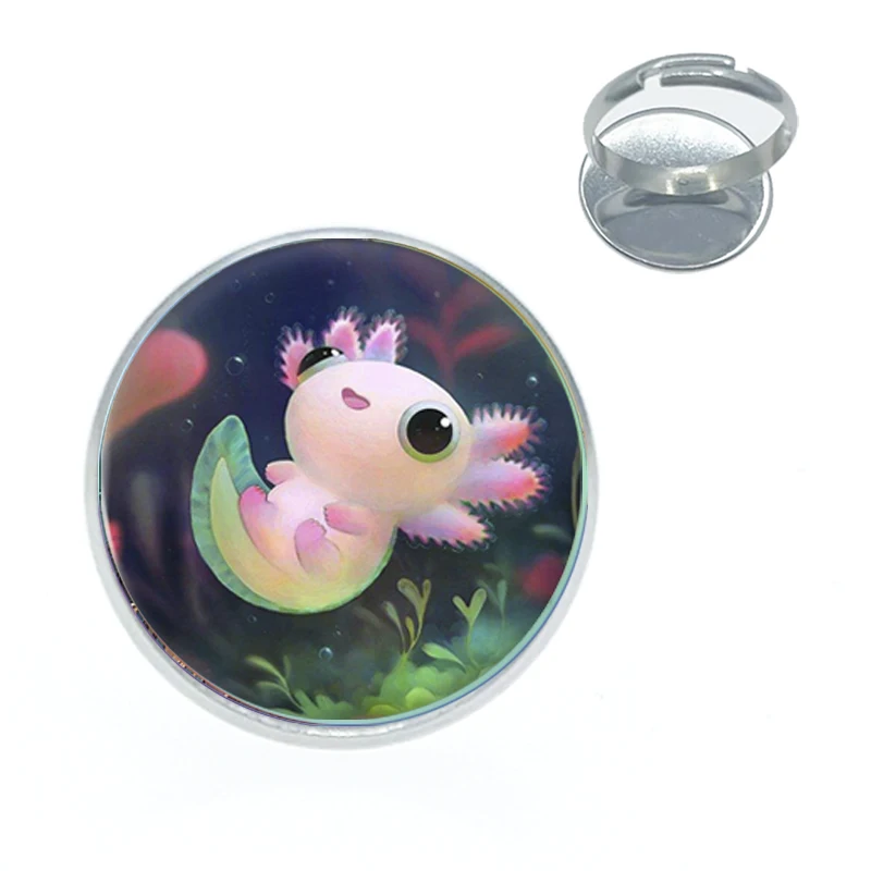 2023 New Axolotl Cute Animal Glass Dome Cabochon Adjustable Ring Handmade Jewelry for Women Men