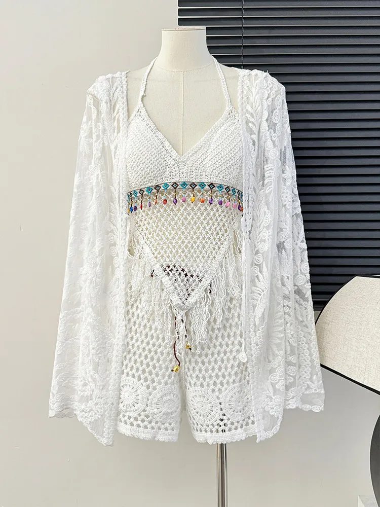 Summer New Beach Holiday Sweet Lace Cardigan Shawl Tassel Halter Top Hollow Shorts Three-Piece Set Female Fashion Outfits