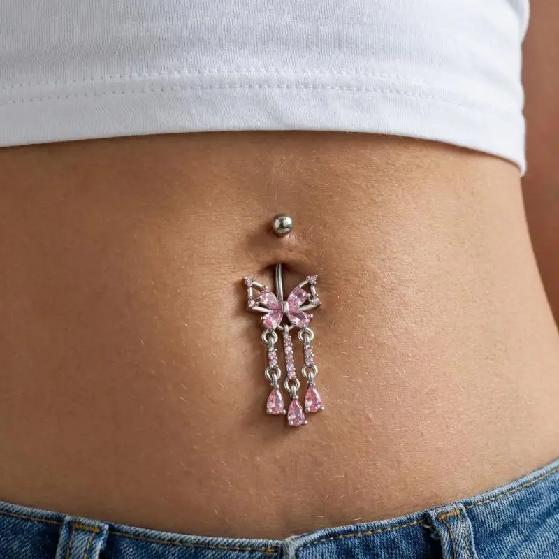 Dangle Butterfly Belly Button Rings Internally Threaded Shiny CZ Inlaid Navel Piercing Jewelry for Vacation Party Outfits