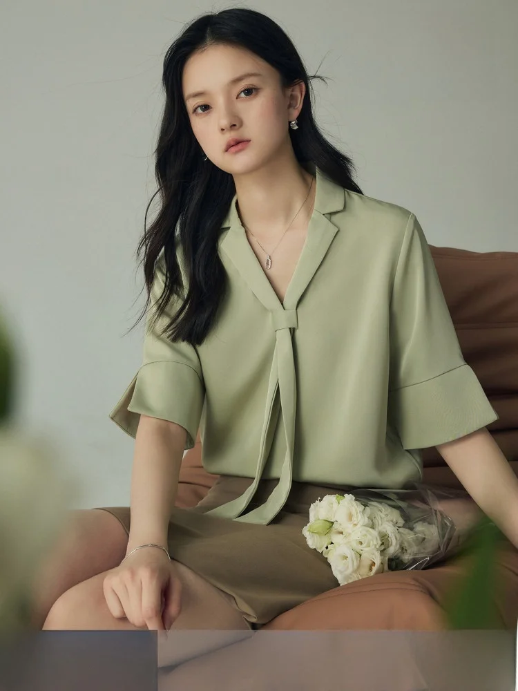 

Женская летняя свободная блузка Yake Home из ацетатного атласа с коротким рукавом, профессиональный дизайн, дышащая, комфортная, модная.