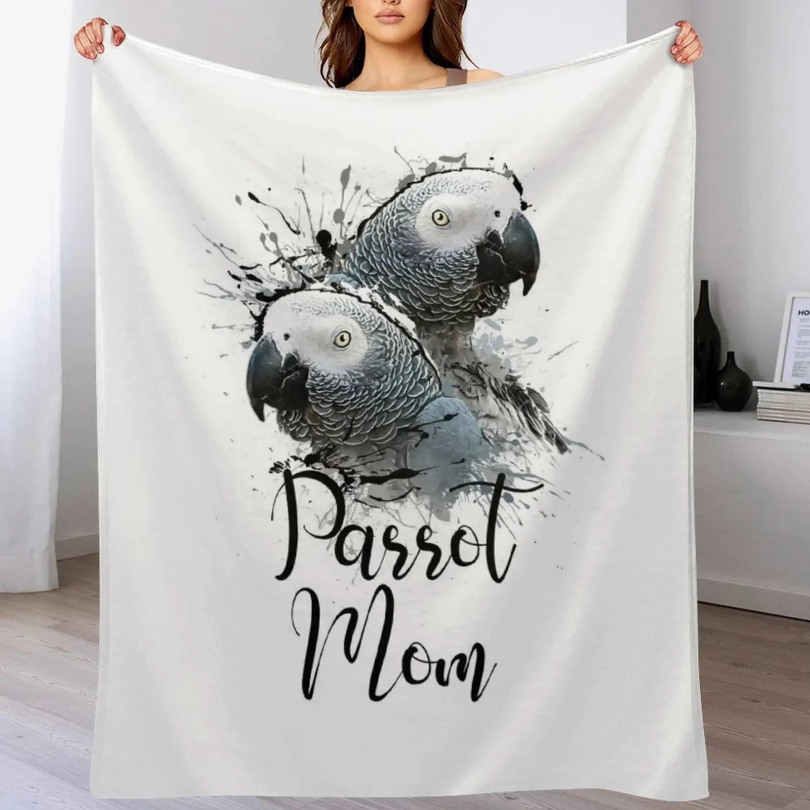 Color Splatter African Grey Parrot Mom White Throw Blanket Fuzzy Plush Throw Blanket for Sofa Chair