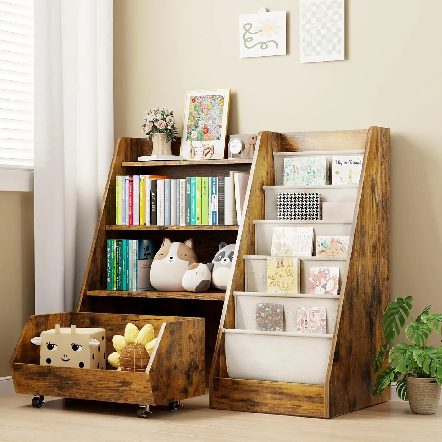 4-Tier Toddler Bookshelf with Slide-Out Drawer for Kids' Books and Toy Storage, Brown