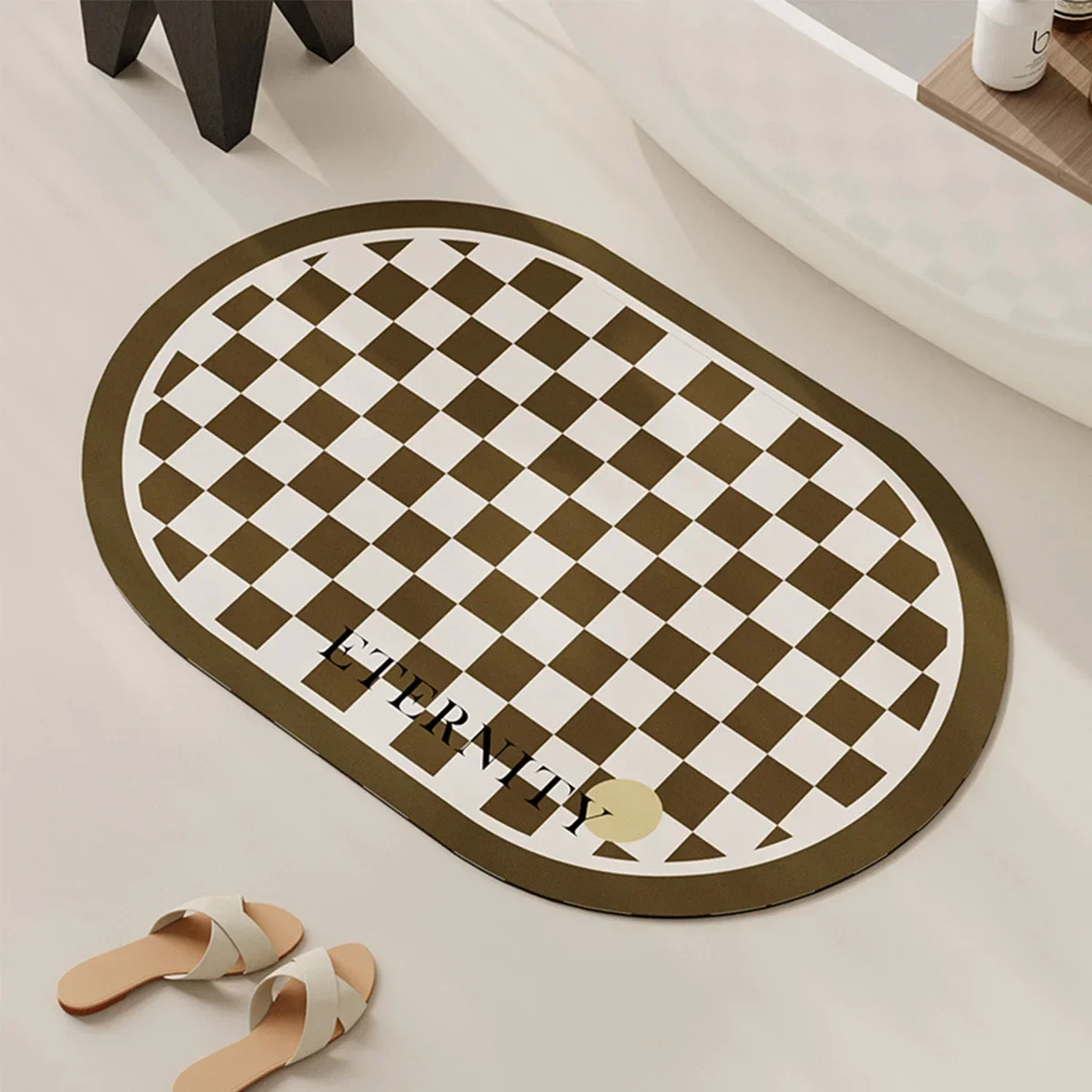 Modern Checkered Oval Doormat Rug Diatom Mud Floor Non-slip Mat Bathroom Entrance Water Absorbing Carpet Shower Room Foot Mat