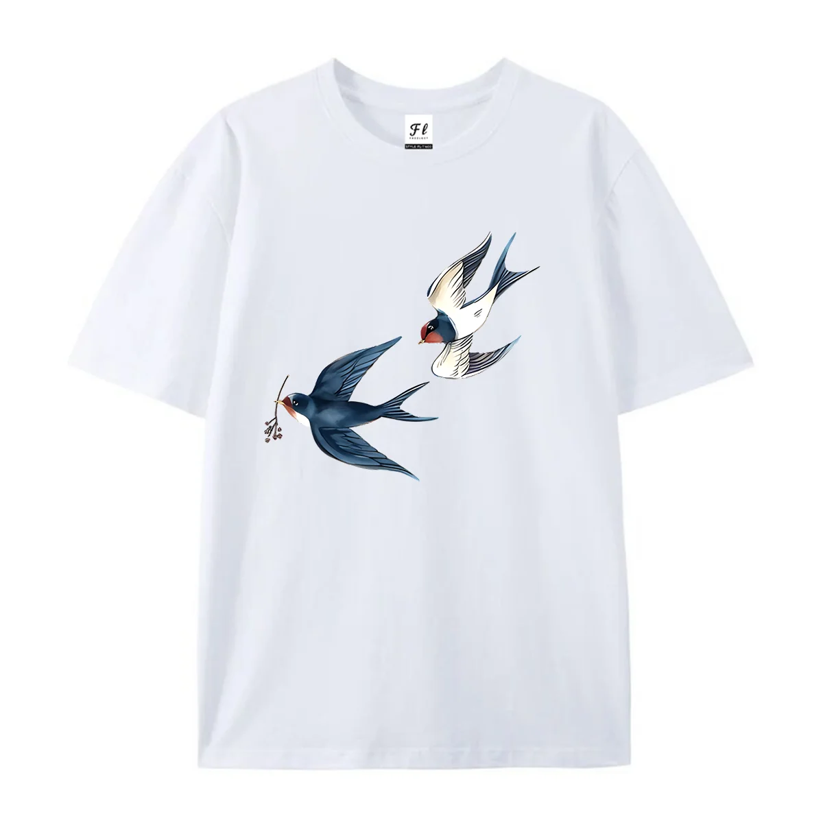 Women Vintage Two Swallows With Twig Print Short Sleeve T Shirt Old School Bird Graphic Tee Casual Summer Cotton Ladies Tops