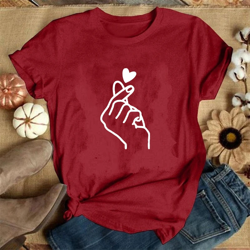 Camiseta informal con cuello redondo para mujer, camisa blanca de manga corta, Camiseta con estampado gráfico de amor