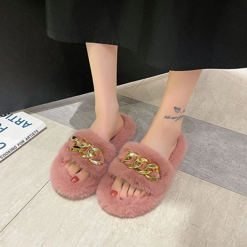 Fashion Designer Women Home Slippers Solid Color Open Toe Indoor 2024 Winter New Flat Non-slip Leisure Interior Female Shoes