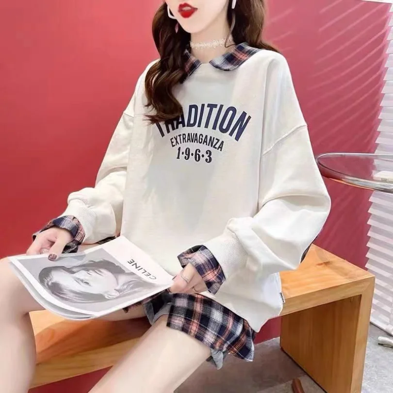 2023 Spring/Summer New Fake Two Piece Sweater Women's Polo Neck Letter Print Thin Slouchy Loose Top Fashion