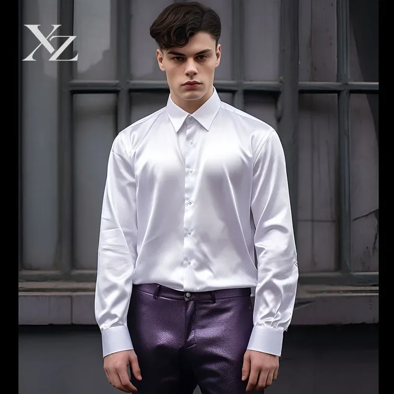 Men's Satin Silk-Like Shiny Smooth Dress Shirt Long Sleeve Point Collar Button Down Formal Business Party Wedding Work Tops