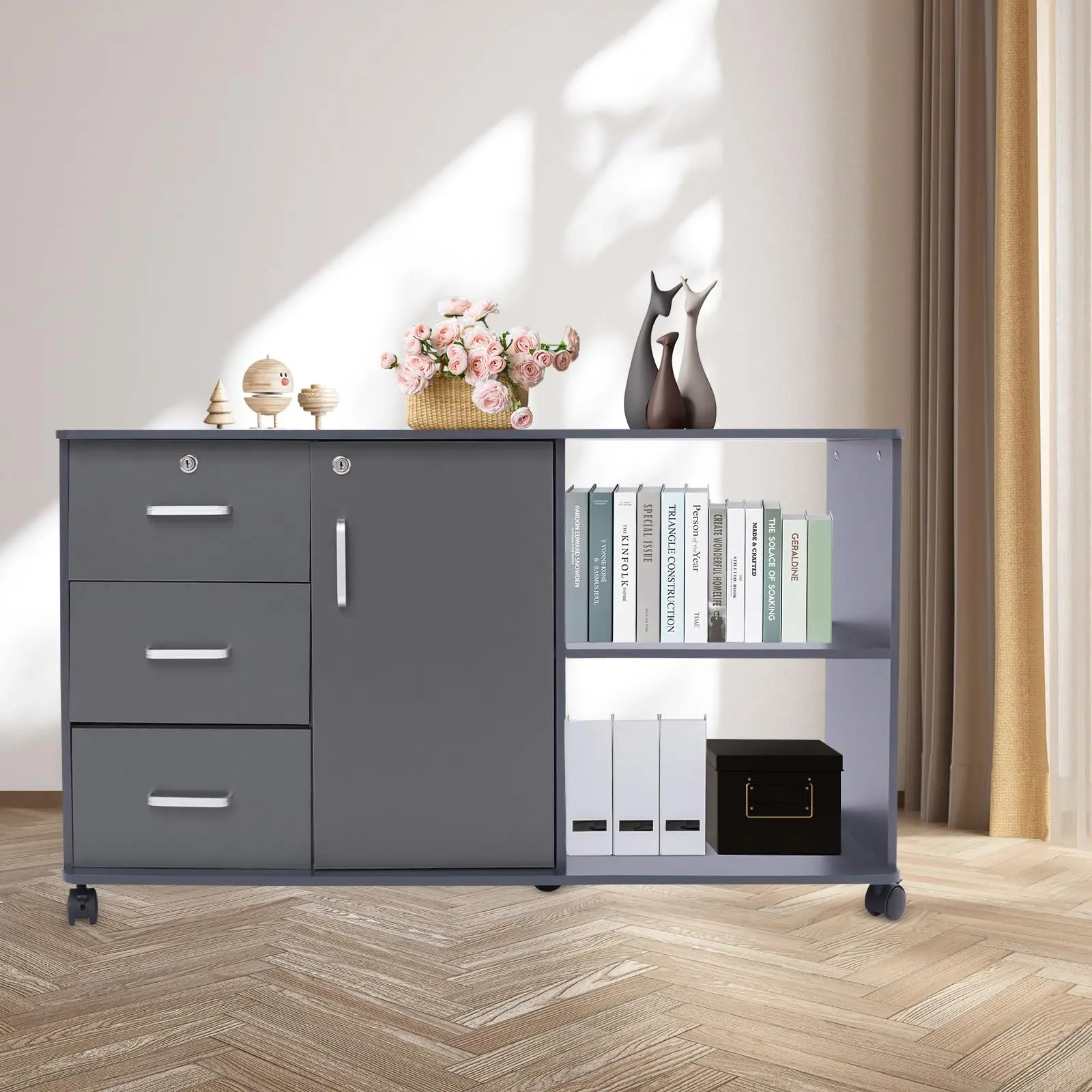 Schedule, schedario laterale mobile a 3 cassetti, organizer in legno con ruote, supporto per stampante con ripiani aperti per Hom