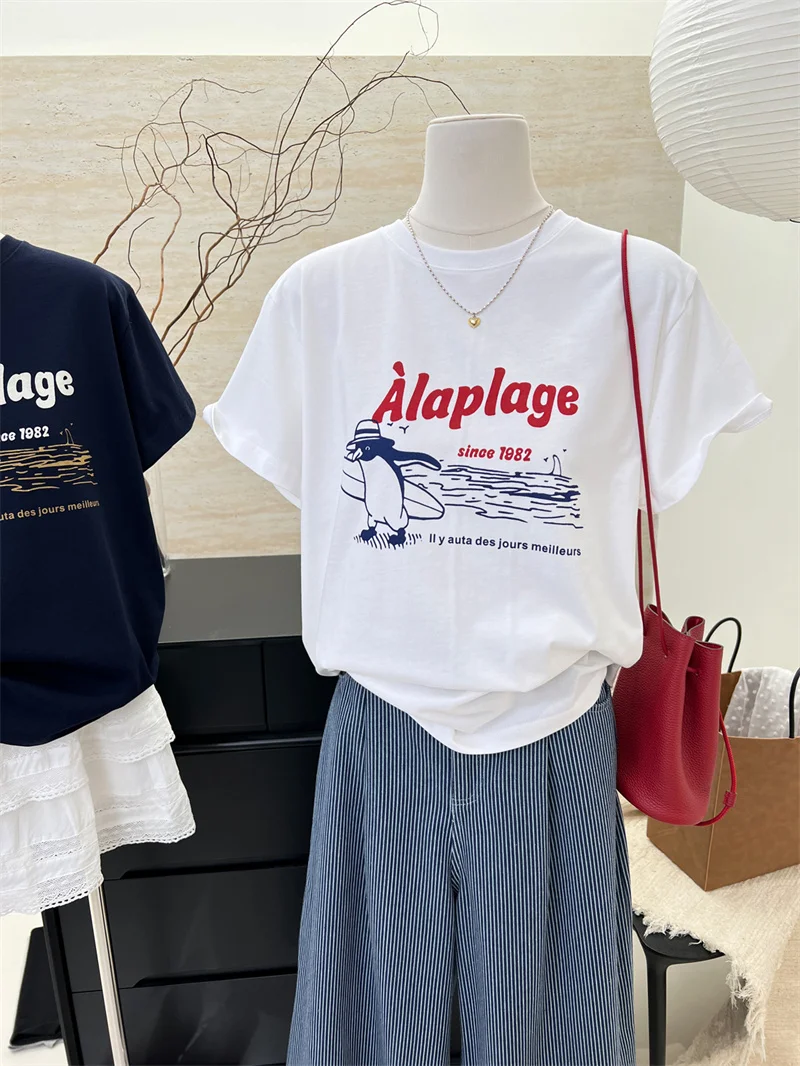 

Retro Japanese Style Women's T-shirt Summer Breathable Loose Cartoon Print Short Sleeve Cotton Polyester Commute Casual Top