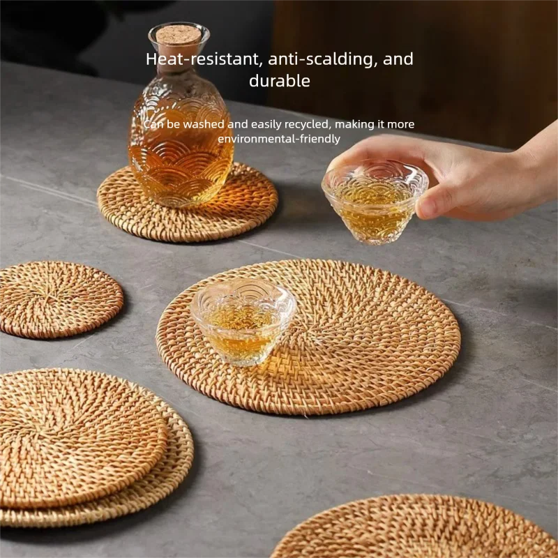 Round Natural Rattan Heat Insulation Mat Non Slip Table Coaster for Pot Bowl Cup Dish Kitchen Table Protection Pad