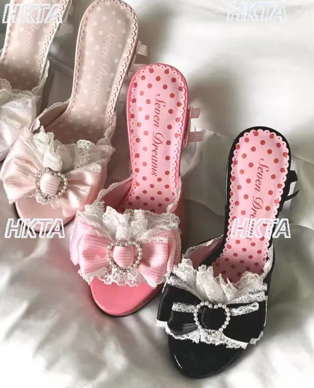 Japanese Mass Production Lace Bow Sweet Love Heel Sandals Half Drag 2026 Summer New Antique Lolita High Heel Sandals Shoes Women