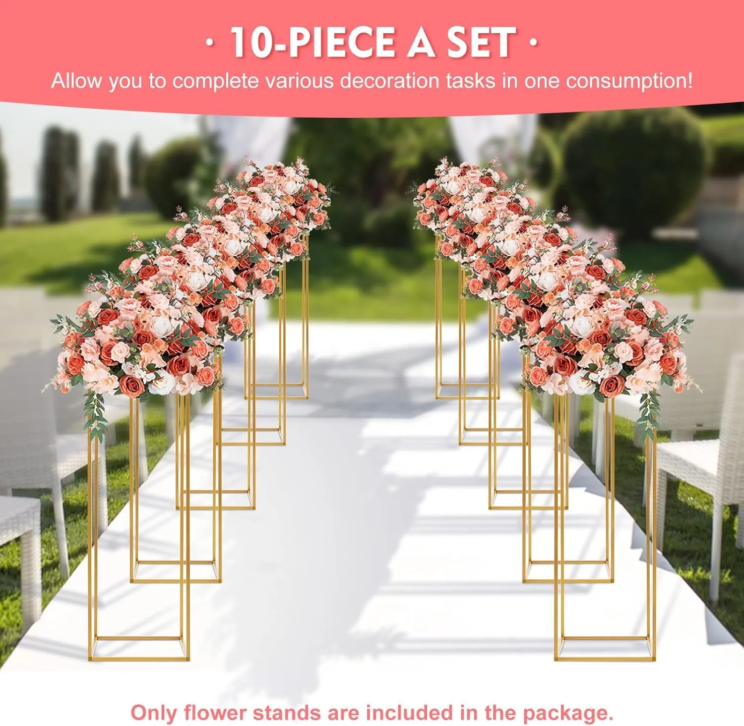 

10-Piece Gold Metal Flower Stand 22Lbs Load Modern Style DIY Decor Stable Rectangular Structure for Wedding Party Home Cafe