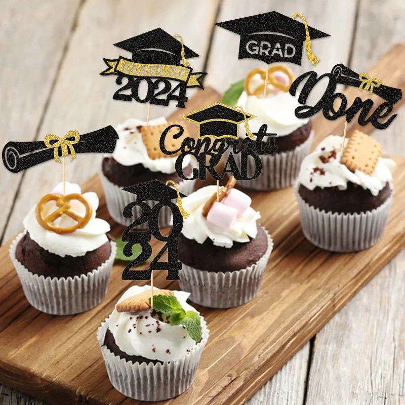 12pc 2024 Graduation Paper Cake Toppers Bachelor Cap Congrasts Grad Cake Picks Congratulation Class of 2024 Graduate Party Decor