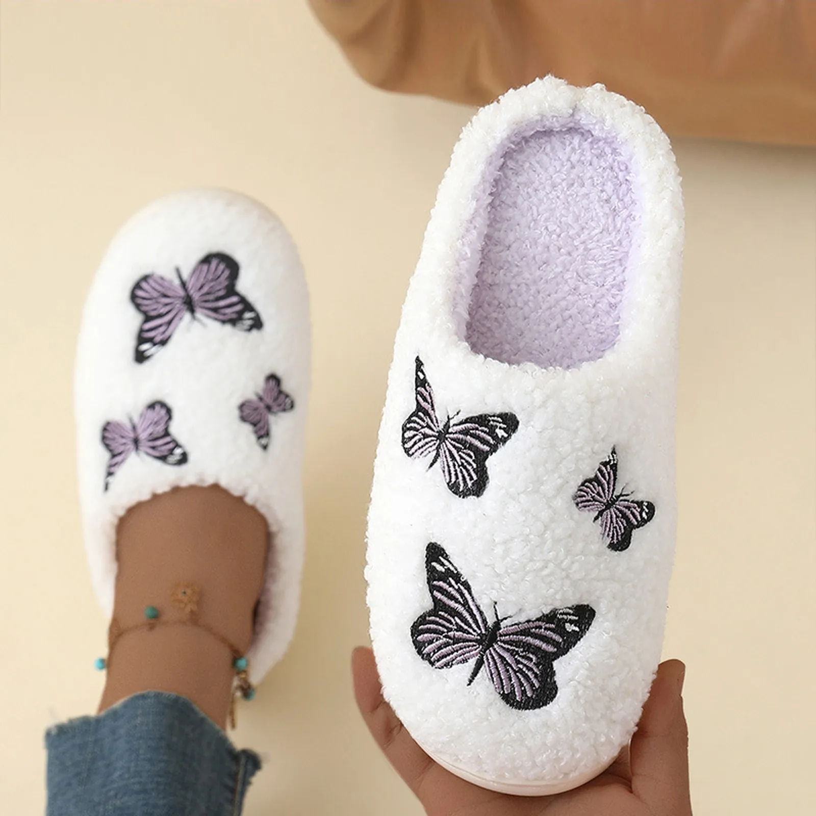 SHAJI Unisex Plush Cotton Slippers with Three Butterfly Embroidery Warm TPR Sole Non-Slip Indoor Home Slippers for Autumn Winter