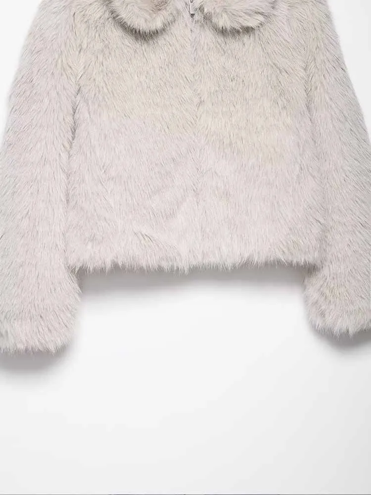 النمط الأوروبي والأمريكي الخريف موضة جديدة ملابس نسائية بسيطة متعددة الاستخدامات تأثير الفرو الصناعي سترة قصيرة بسحاب